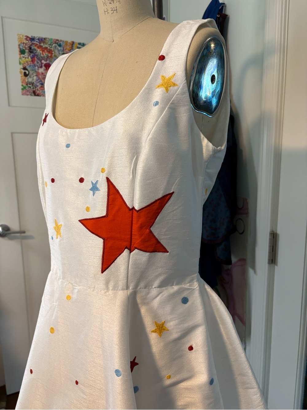 Raver, whimsical, galaxy dress - white sleeveless colorful Star Appliqués - Picture 2 of 14